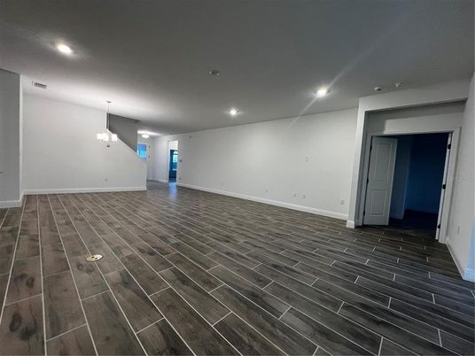 Empty room, Interior, Pendant Lights, Recessed Lighting, Wood Texture Flooring