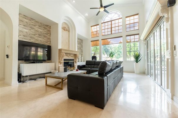 Fireplace, Interior, Living room, Recessed Lighting, Stone Walls