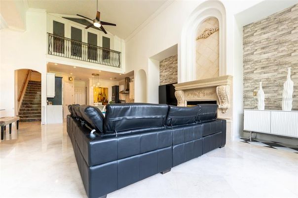 Fireplace, Interior, Kitchen, Living room, Recessed Lighting, Stone Walls