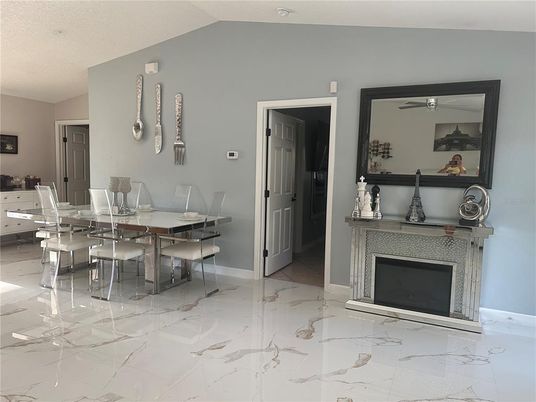 Dining room, Fireplace, Interior, Marble, Pendant Lights