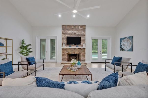 Fireplace, Interior, Living room, Recessed Lighting, Stone Walls