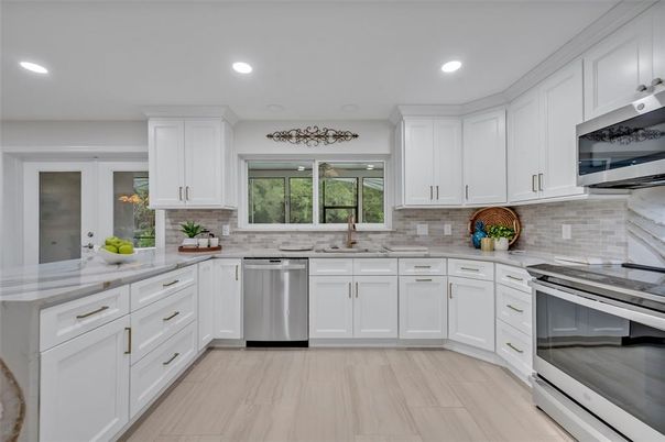 Interior, Kitchen, Recessed Lighting, Stainless Steel Appliances, Wood Texture Flooring