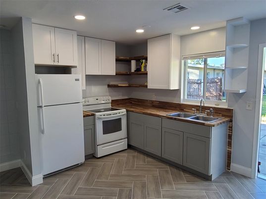 Interior, Kitchen, Recessed Lighting, Wood Texture Flooring