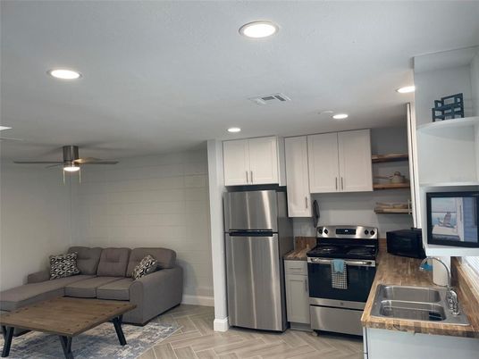 Interior, Kitchen, Living room, Recessed Lighting, Stainless Steel Appliances, Wood Texture Flooring