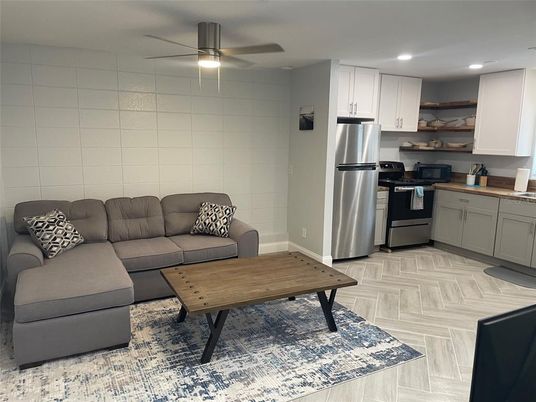 Interior, Kitchen, Living room, Recessed Lighting, Stainless Steel Appliances, Wood Texture Flooring
