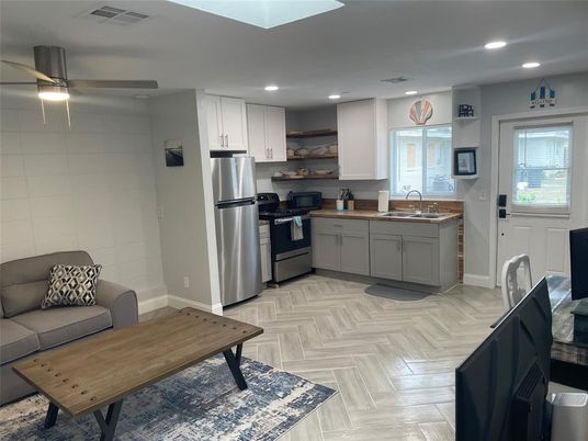 Interior, Kitchen, Living room, Recessed Lighting, Stainless Steel Appliances, Wood Texture Flooring