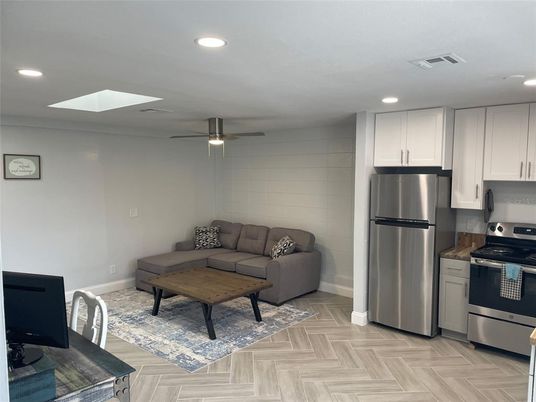Interior, Kitchen, Living room, Recessed Lighting, Stainless Steel Appliances, Wood Texture Flooring
