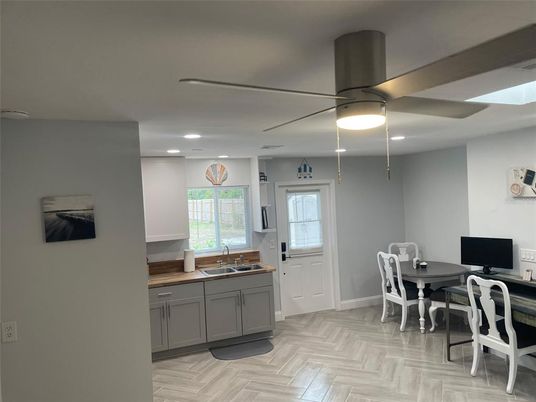 Dining room, Interior, Recessed Lighting, Wood Texture Flooring