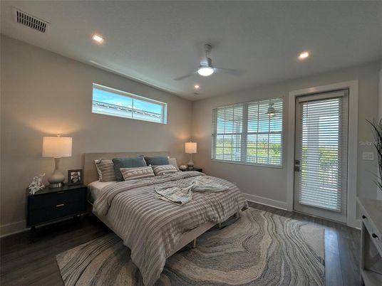 Bedroom, Interior, Recessed Lighting, Wood Texture Flooring