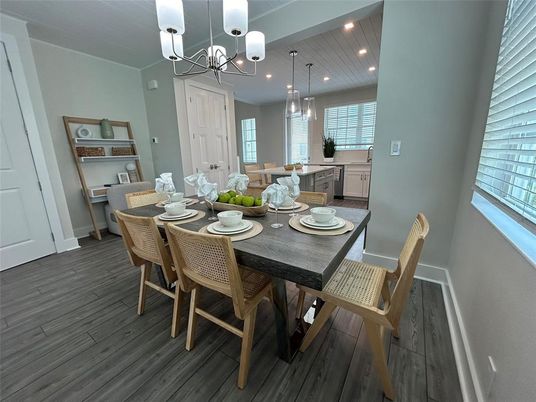 Chandelier, Dining room, Interior, Pendant Lights, Recessed Lighting, Wood Texture Flooring
