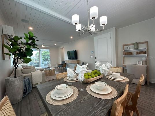 Chandelier, Dining room, Interior, Living room, Recessed Lighting, Wood Texture Flooring