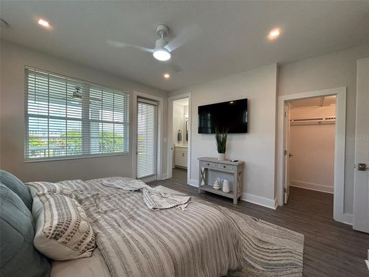 Bedroom, Interior, Recessed Lighting, Wood Texture Flooring