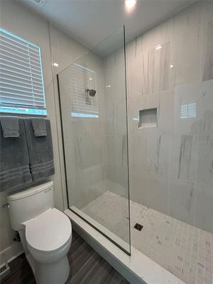 Bathroom, Glass Shower, Interior, Recessed Lighting, Wood Texture Flooring