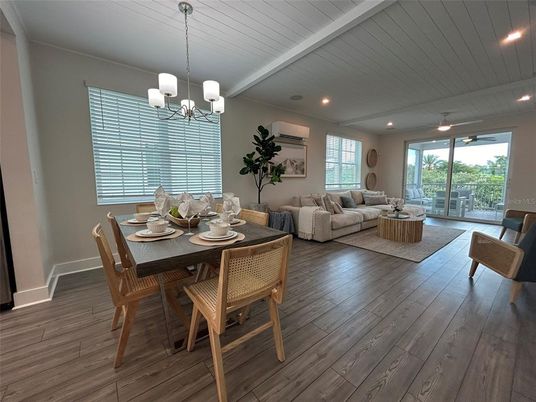 Chandelier, Dining room, Interior, Living room, Recessed Lighting, Wood Texture Flooring