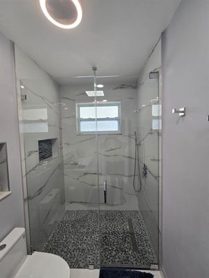 Bathroom, Glass Shower, Interior, Marble Walls, Recessed Lighting