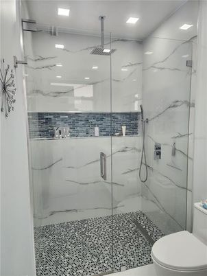 Bathroom, Glass Shower, Interior, Marble Walls, Recessed Lighting