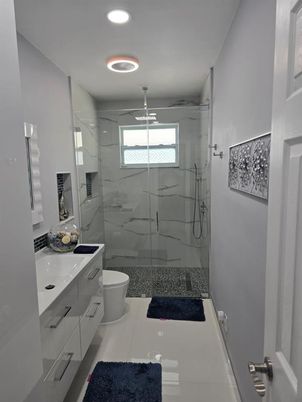 Bathroom, Glass Shower, Interior, Marble Walls, Recessed Lighting