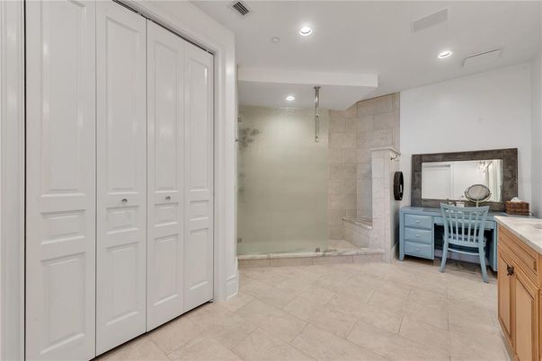 Bathroom, Glass Shower, Interior, Recessed Lighting, Stone Walls