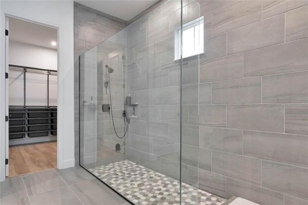 Bathroom, Glass Shower, Interior, Recessed Lighting, Wood Texture Flooring