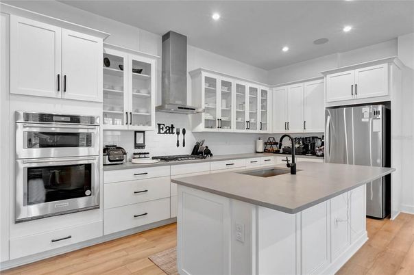 Interior, Kitchen, Recessed Lighting, Stainless Steel Appliances, Wood Texture Flooring