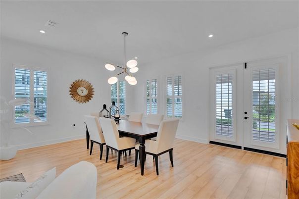 Dining room, Interior, Pendant Lights, Recessed Lighting, Wood Texture Flooring