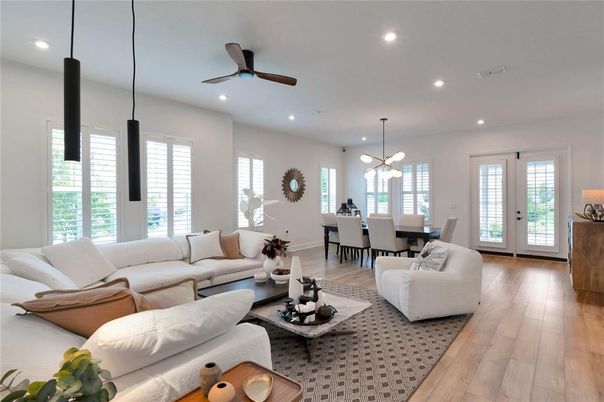 Dining room, Interior, Living room, Pendant Lights, Recessed Lighting, Wood Texture Flooring