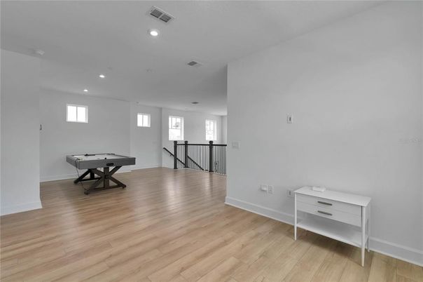 Billiard Table, Game Room, Interior, Recessed Lighting, Wood Texture Flooring