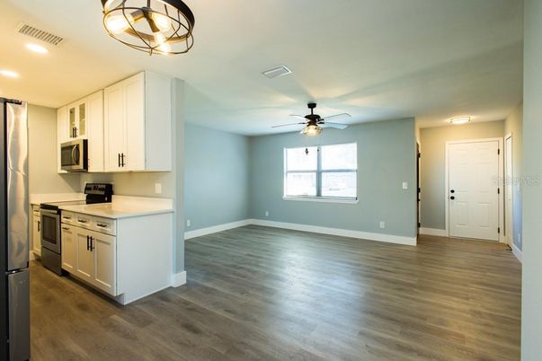 Empty room, Interior, Kitchen, Recessed Lighting, Wood Texture Flooring