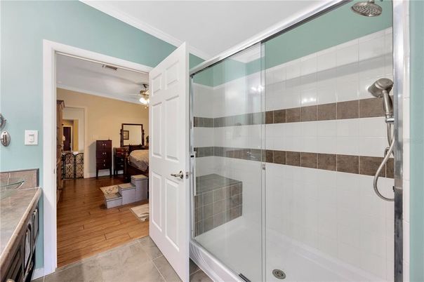 Bathroom, Glass Shower, Interior, Wood Texture Flooring