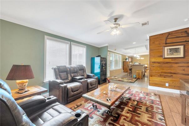 Interior, Kitchen, Living room, Pendant Lights, Recessed Lighting, Wood Texture Flooring, Wooden Walls