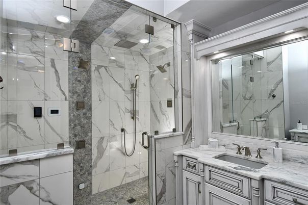 Bathroom, Glass Shower, Interior, Marble Walls, Recessed Lighting