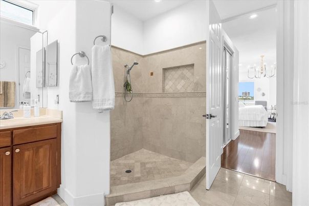 Bathroom, Bedroom, Chandelier, Interior, Recessed Lighting, Wood Texture Flooring