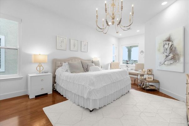 Bedroom, Chandelier, Interior, Recessed Lighting, Wood Texture Flooring