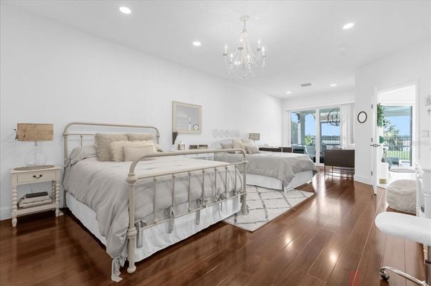 Bedroom, Chandelier, Interior, Recessed Lighting, Wood Texture Flooring