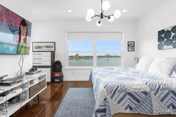 Bedroom, Interior, Pendant Lights, Recessed Lighting, Water, Wood Texture Flooring