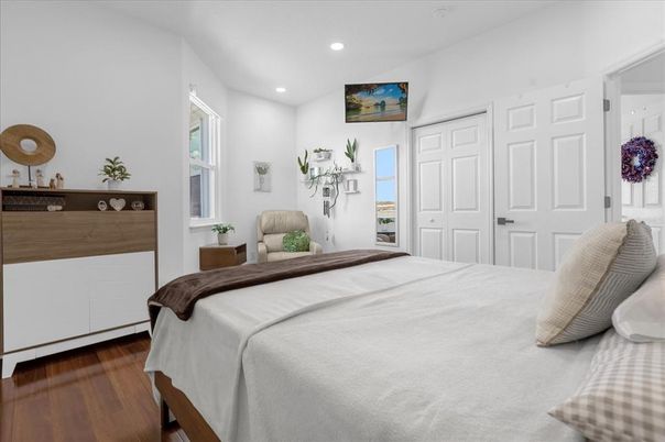 Bedroom, Interior, Recessed Lighting, Wood Texture Flooring