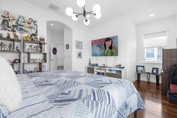 Bedroom, Interior, Pendant Lights, Recessed Lighting, Wood Texture Flooring