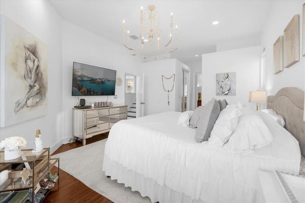 Bedroom, Chandelier, Interior, Recessed Lighting, Wood Texture Flooring