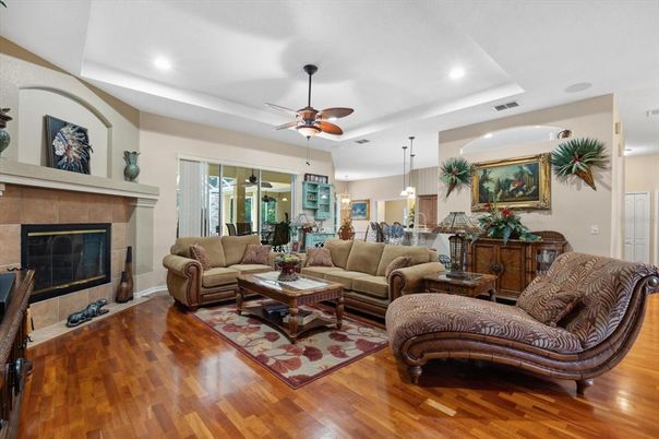 Fireplace, Interior, Living room, Pendant Lights, Recessed Lighting, Wood Texture Flooring