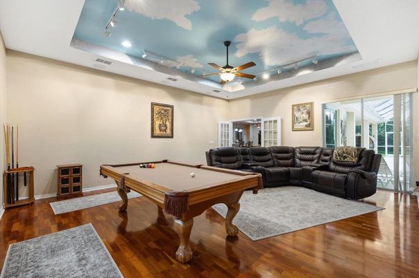 Billiard Table, Game Room, Interior, Living room, Recessed Lighting, Wood Texture Flooring