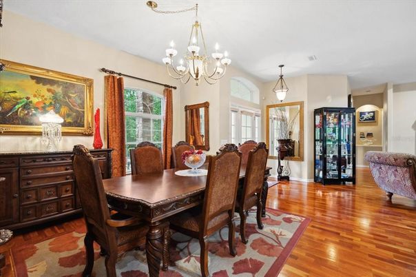 Chandelier, Dining room, Interior, Wood Texture Flooring