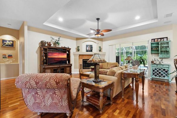 Fireplace, Interior, Living room, Recessed Lighting, Wood Texture Flooring