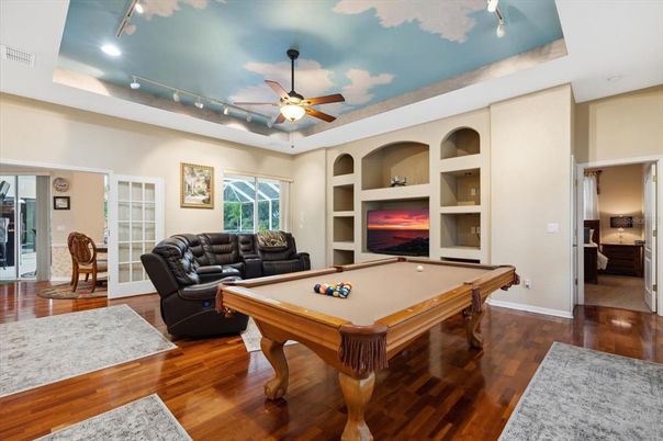 Billiard Table, Game Room, Interior, Recessed Lighting, Wood Texture Flooring
