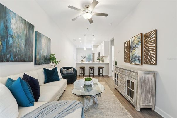 Interior, Kitchen, Living room, Pendant Lights, Recessed Lighting, Wood Texture Flooring