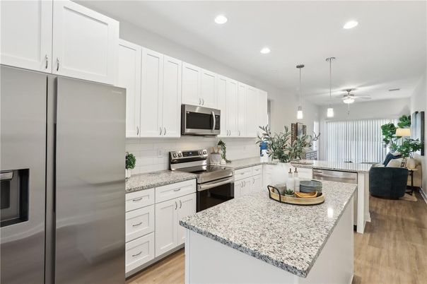 Interior, Kitchen, Pendant Lights, Recessed Lighting, Stainless Steel Appliances, Wood Texture Flooring