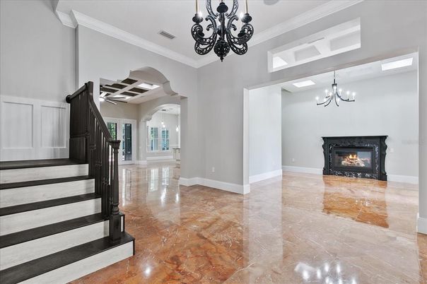 Chandelier, Fireplace, Interior