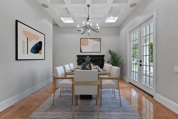 Chandelier, Dining room, Fireplace, Interior