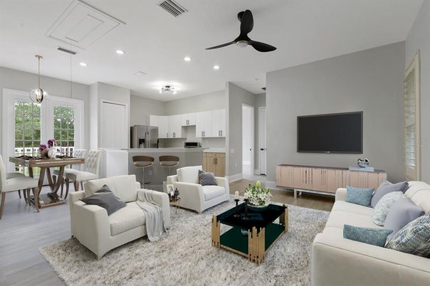 Dining room, Interior, Kitchen, Living room, Pendant Lights, Recessed Lighting, Stainless Steel Appliances, Wood Texture Flooring