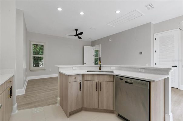 Interior, Kitchen, Recessed Lighting, Wood Texture Flooring