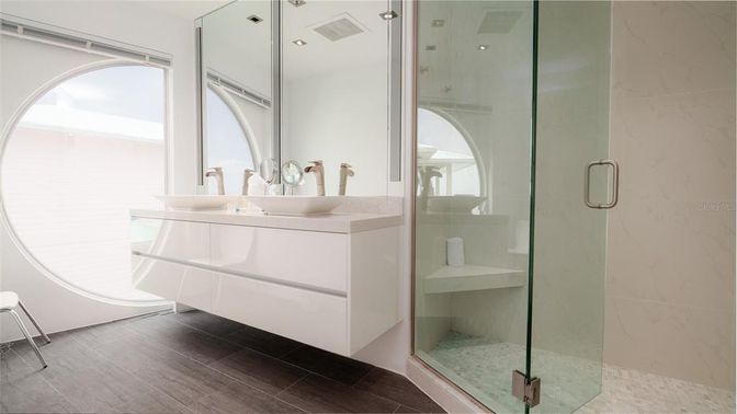 Bathroom, Glass Shower, Interior, Marble Walls, Recessed Lighting, Wood Texture Flooring